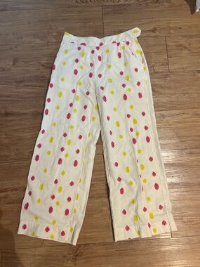 Anthropologie Cropped Ivory Wide-Leg Trousers with Pink & Yellow Spot Print